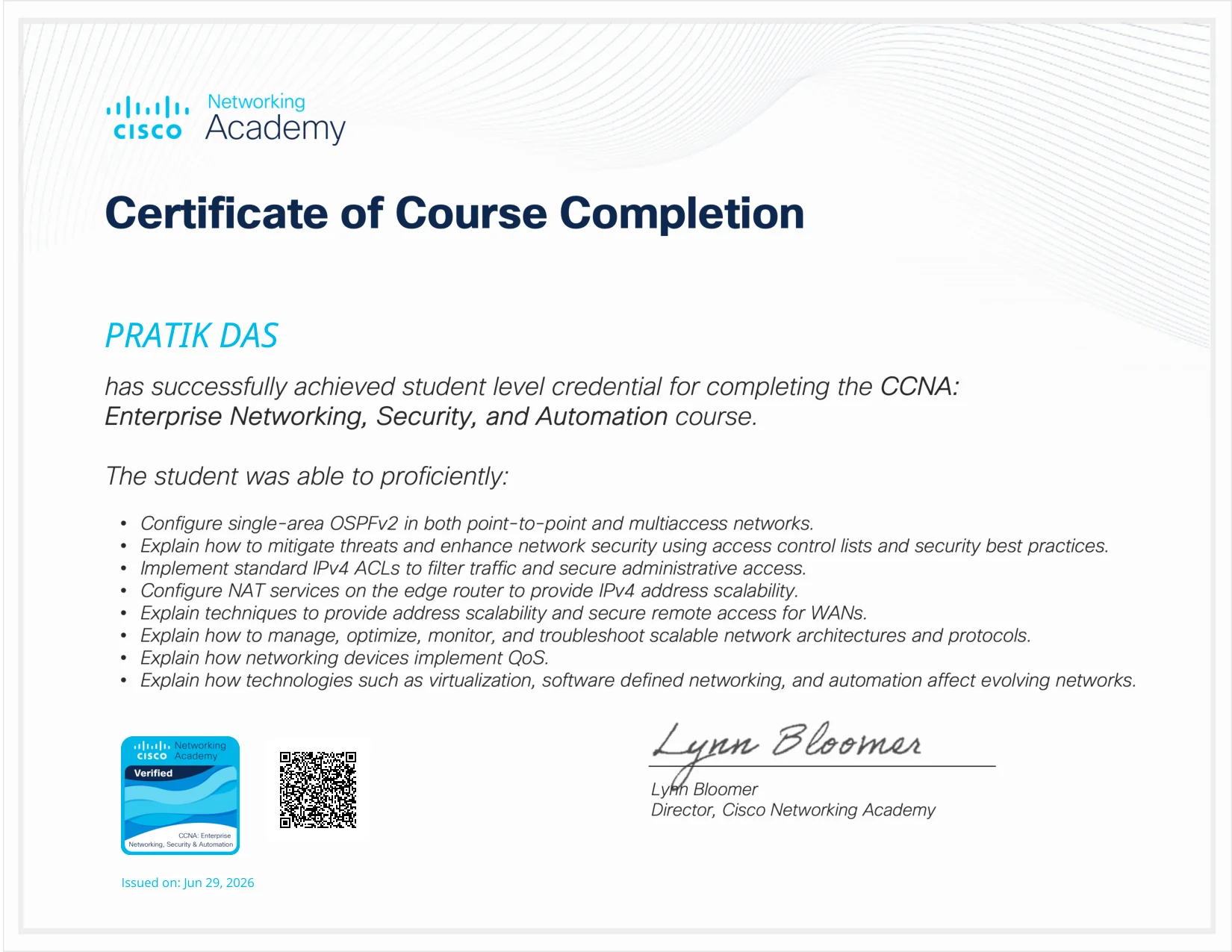 CCNA ENSA Certificate