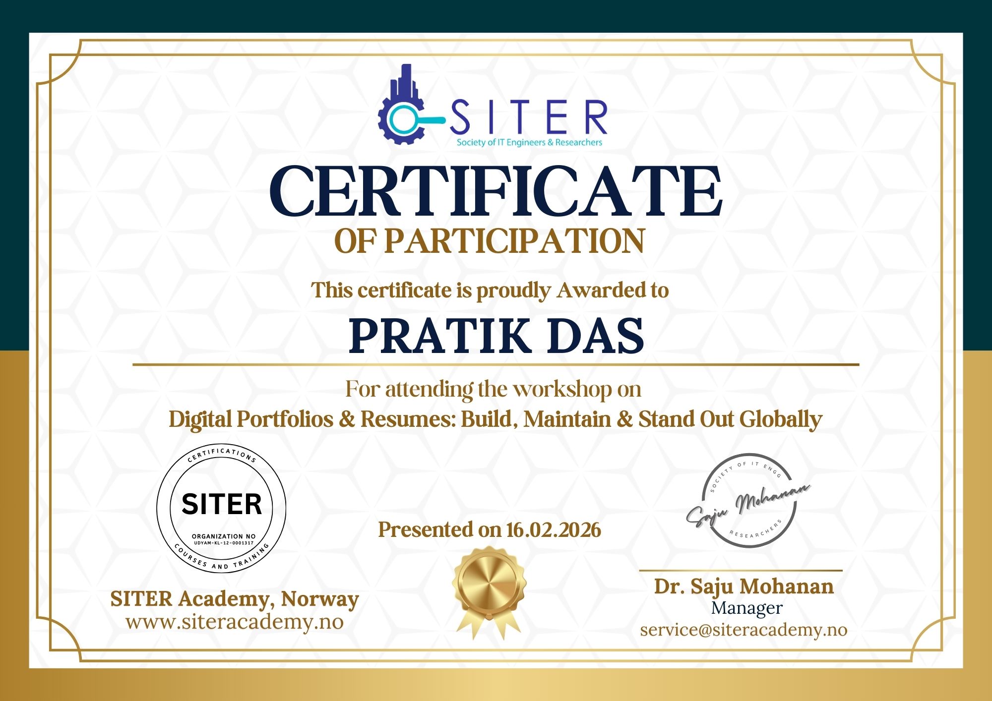 SITER Workshop Certificate